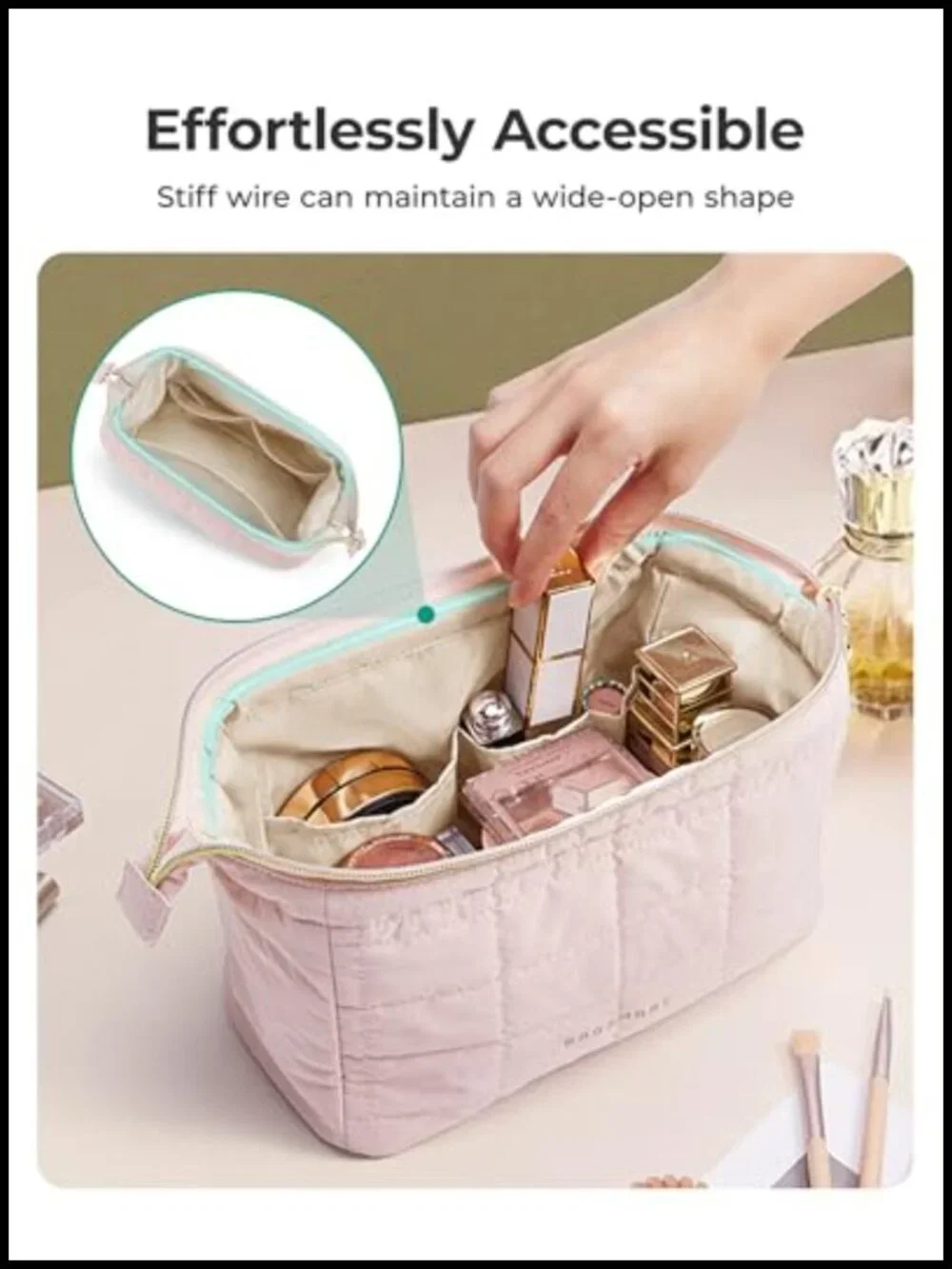 Puffy Padded Makeup Bag with Wide Opening, Travel Toiletry Organizer